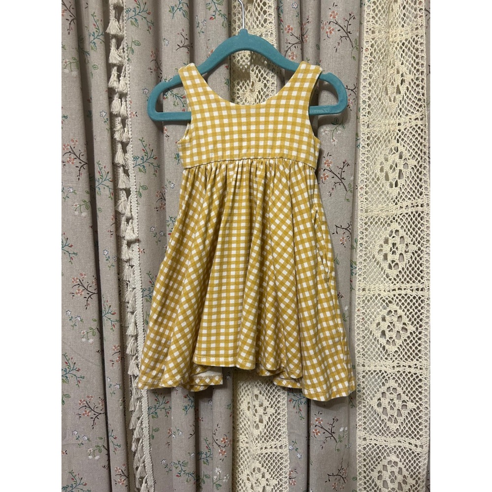 Remie Girl Mustard Gingham Pocket Twirl Dress Size 2 USA Made
